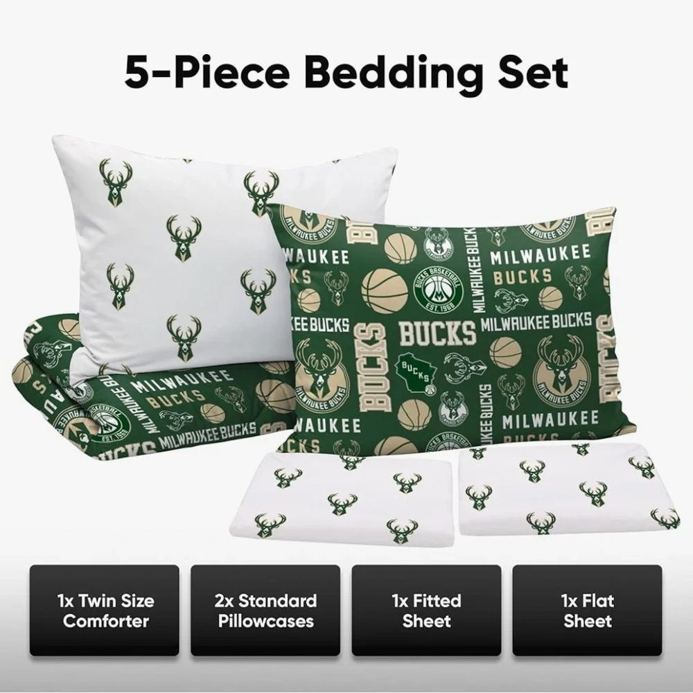 FOCO NBA Team Logo Bed in a Bag Comforter 5-Piece Set - Milwaukee Bucks